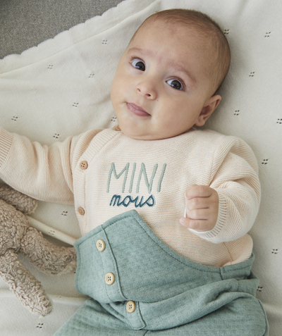 Newborn Tao Categories - BEIGE KNITTED JUMPER WITH GREEN EMBROIDERED MESSAGE FOR BABIES