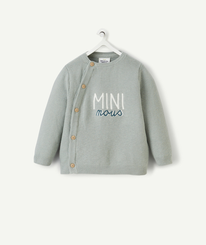 Essentials : 50% off 2nd item* Tao Categories - BABIES' GREEN KNITTED JUMPER WITH WHITE AND GREEN EMBROIDERED MESSAGE