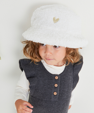 Hats - Caps Nouvelle Arbo   C - BABY GIRLS' WHITE SHERPA BUCKET HAT WITH EMBROIDERED HEART PATCH