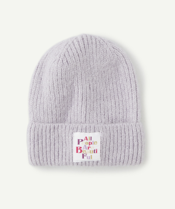 Knitwear accessories Tao Categories - GIRLS' LAVENDER KNITTED BEANIE WITH EMBROIDERED PATCH