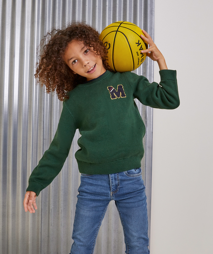 Pullover - Cardigan Tao Categories - BOYS' FOREST GREEN JUMPER WITH A LETTER EMBROIDERED IN BOUCLE