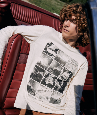 New collection Nouvelle Arbo   C - BOYS' CREAM ROCK THEME LONG-SLEEVED ORGANIC COTTON T-SHIRT