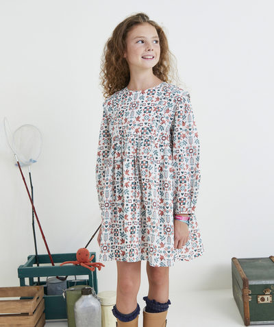 Dress Nouvelle Arbo   C - GIRLS' CREAM LONG-SLEEVED DRESS WITH RIBBING AND A FLORAL PRINT