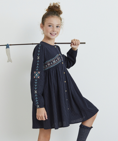 Clothing Nouvelle Arbo   C - GIRLS' NAVY BLUE DRESS WITH EMBROIDERED DETAILS