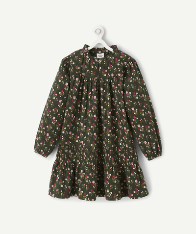Dress Nouvelle Arbo   C - GIRLS' GREEN AND FLORAL PRINT DRESS WITH GATHERS AND AN ELASTICATED WAISTBAND