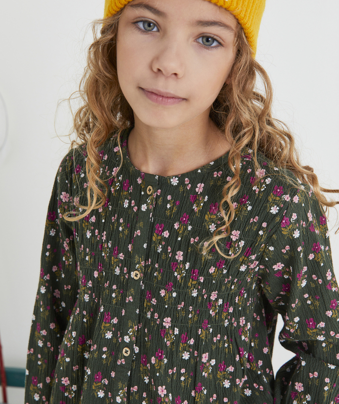 Shirt - Blouse Tao Categories - GIRLS' GREEN AND FLORAL PRINT BLOUSE WITH GATHERING AND BUTTONS