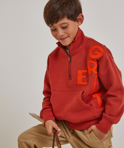 Boy Nouvelle Arbo   C - BOYS' TERRACOTTA SWEATSHIRT IN RECYCLED FIBRES WITH A ZIP FASTENING AND A HIGH NECK