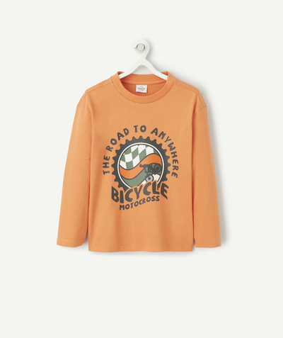 Private sales Tao Categories - BOYS' ORANGE ORGANIC COTTON T-SHIRT WITH A BOTTLE TOP AND MESSAGES