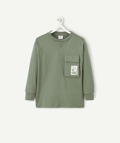 Outlet Nouvelle Arbo   C - BOYS' GREEN LONG-SLEEVED ORGANIC COTTON T-SHIRT WITH A POCKET AND A PATCH
