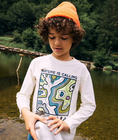 T-shirt Nouvelle Arbo   C - BOYS' T-SHIRT IN ECRU ORGANIC COTTON WITH EMBOSSED NATURE MOTIF