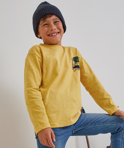 Private sales Tao Categories - BOYS' YELLOW ORGANIC COTTON T-SHIRT WITH SMILEYS AND MESSAGES