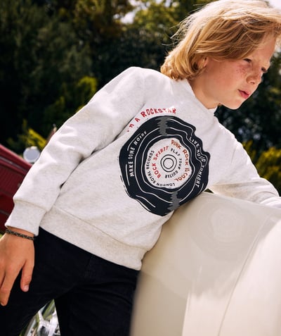 Campus spirit Tao Categories - BOY'S RECYCLED-FIBER SWEATSHIRT IN MOTTLED GRAY WITH ROCK-THEMED MOTIF
