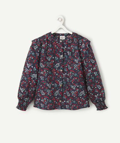Private sales Tao Categories - GIRL'S BLOUSE IN NAVY BLUE COTTON WITH RED AND GREEN FLORAL PRINT