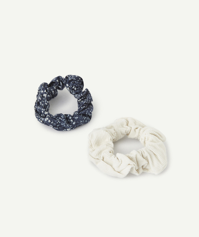 Accessories Nouvelle Arbo   C - SET OF 2 GIRLS' BEIGE AND BLUE FLORAL PRINT CORDUROY SCRUNCHIES
