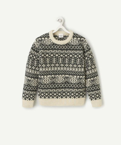 Private sales Tao Categories - BOYS' JACQUARD JUMPER IN CREAM AND GREEN RECYCLED FIBRES