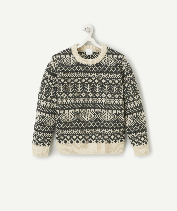 Pullover - Cardigan Tao Categories - BOYS' JACQUARD JUMPER IN CREAM AND GREEN RECYCLED FIBRES