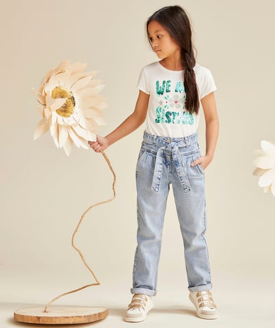 Jeans Tao Categories - GIRLS' BLUE LOW-IMPACT DENIM MOM JEANS WITH BELT