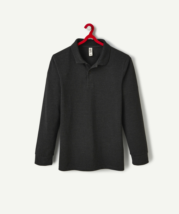 Party outfits Tao Categories - BOY'S DARK GREY LONG-SLEEVED POLO SHIRT IN RECYCLED FIBRES