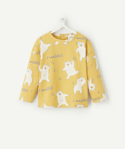 Outlet Tao Categories - BABY BOYS' YELLOW LONG-SLEEVED BEAR-THEMED ORGANIC COTTON T-SHIRT