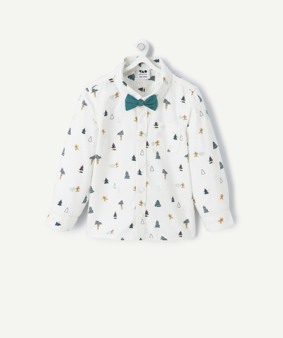 Shirt and polo Tao Categories - WHITE BABY BOY SHIRT WITH CHRISTMAS PRINT AND GREEN BOW TIE