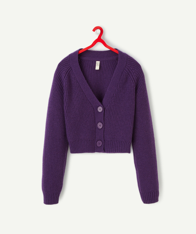 Outlet Tao Categories - GIRLS' PURPLE KNITTED CARDIGAN IN RECYCLED FIBRES WITH BUTTONS