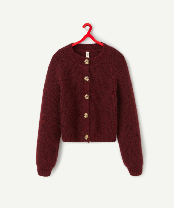 Pullover - Cardigan Tao Categories - GIRLS' DARK RED KNITTED CARDIGAN WITH TORTOISESHELL-EFFECT BUTTONS
