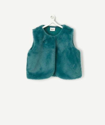 Cardigan Tao Categories - BABY GIRL SLEEVELESS CARDIGAN IN RECYCLED PADDING AND IMITATION GREEN FUR