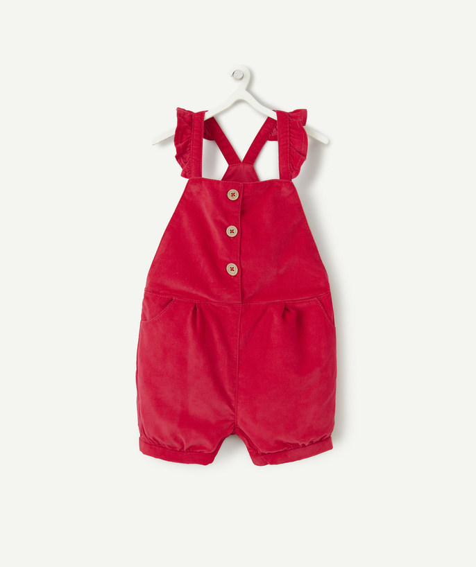 Party outfits Tao Categories - BABY GIRL'S VELVET OVERALLS IN RED ORGANIC COTTON WITH RUFFLES
