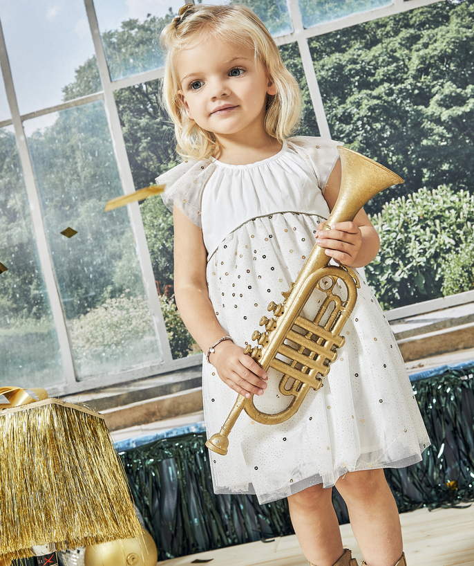 Baby girl Tao Categories - 2023 BABY GIRL DESIGNER DRESS IN WHITE TULLE WITH GOLD SEQUINS