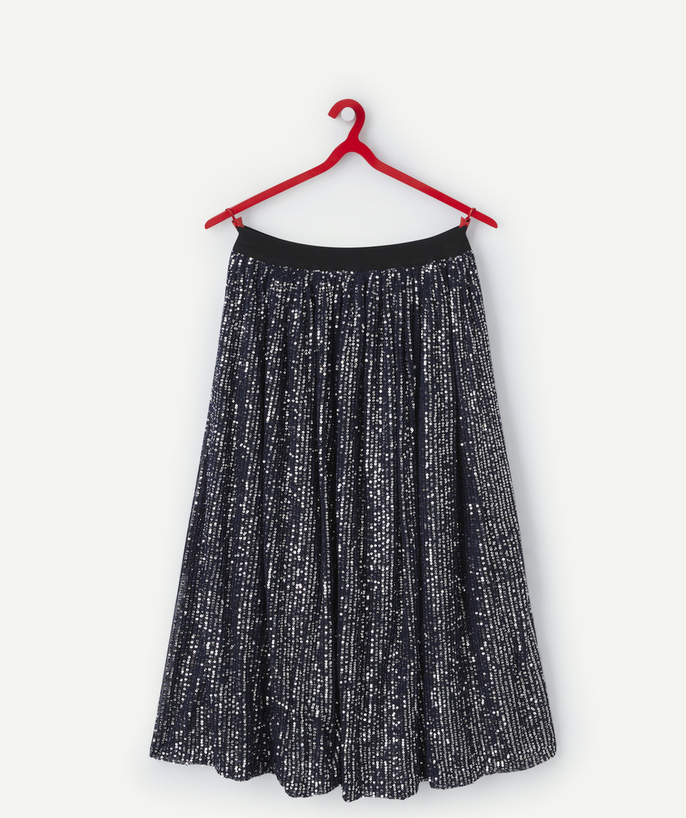 Party outfits Tao Categories - LONG PLEATED SKIRT FOR GIRLS IN NAVY BLUE RECYCLED FIBERS WITH SILVER SEQUINS