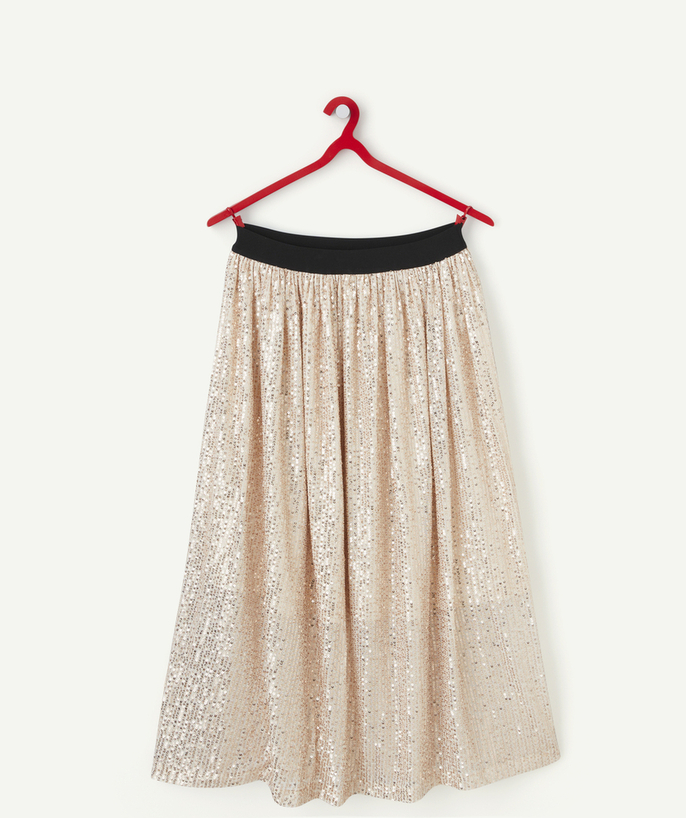 Party outfits Tao Categories - LONG PLEATED SKIRT FOR GIRLS IN RECYCLED FIBERS WITH PINK-GOLD SEQUINS