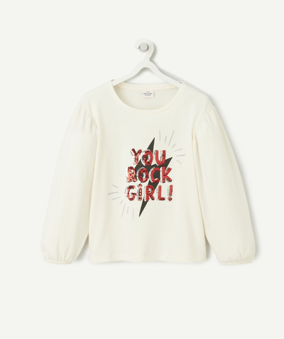 Clothing Nouvelle Arbo   C - GIRLS' CREAM ORGANIC COTTON T-SHIRT WITH A ROCK MESSAGE IN SEQUINS