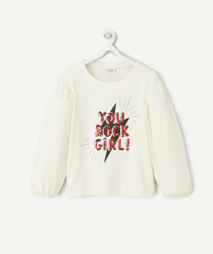 T-shirt - undershirt Tao Categories - GIRLS' CREAM ORGANIC COTTON T-SHIRT WITH A ROCK MESSAGE IN SEQUINS