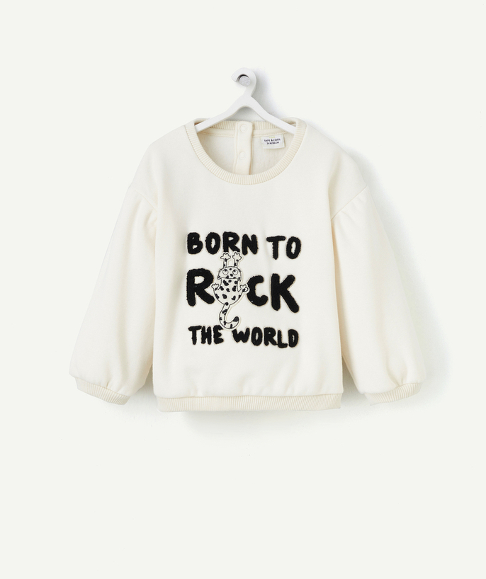 Pullover - Sweatshirt Tao Categories - BABY GIRLS' CREAM SWEATSHIRT IN RECYCLED FIBRES WITH A ROCK-THEMED BOUCLE MESSAGE