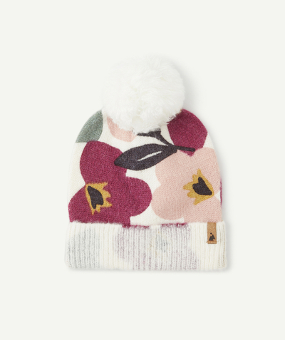 KNITWEAR ACCESSORIES Tao Categories - GIRLS' ECRU AND FLORAL PRINT KNITTED BEANIE WITH POMPOM