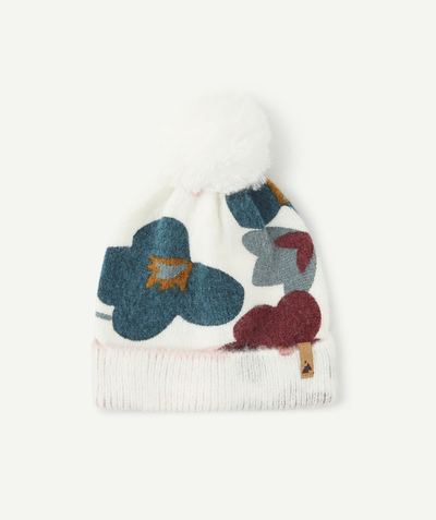 Knitwear accessories Nouvelle Arbo   C - BABY GIRLS' ECRU FLORAL PRINT KNITTED BEANIE WITH POMPOM