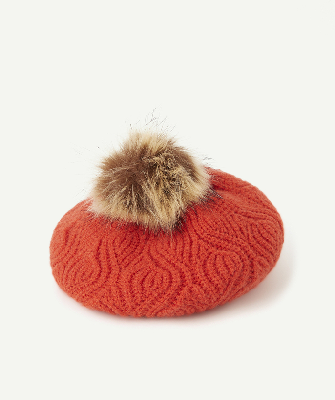 Knitwear accessories Tao Categories - GIRLS' RED BERET KNITTED IN RECYCLED FIBRES WITH A POMPOM