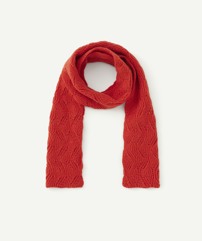 Knitwear accessories Nouvelle Arbo   C - GIRLS' KNITTED SCARF IN RED RECYCLED FIBRES WITH A CABLE PATTERN