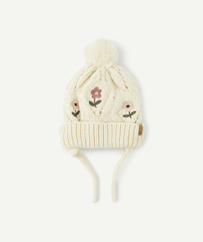 Knitwear accessories Nouvelle Arbo   C - BABY GIRLS' BEIGE BEANIE HAT WITH EMBROIDERED FLOWERS KNITTED IN RECYCLED FIBRES