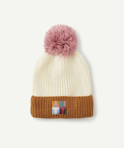 KNITWEAR ACCESSORIES Tao Categories - GIRLS' TRICOLOURED BEANIE HAT IN RECYCLED FIBRES WITH A PATCH