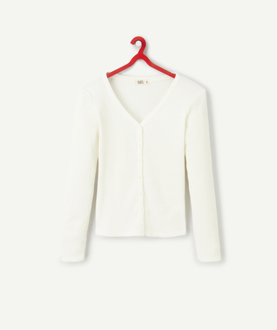 T-shirt - Shirt Nouvelle Arbo   C - GIRLS' WHITE LONG-SLEEVED T-SHIRT IN RECYCLED FIBRES WITH A FRONT BUTTON FASTENING