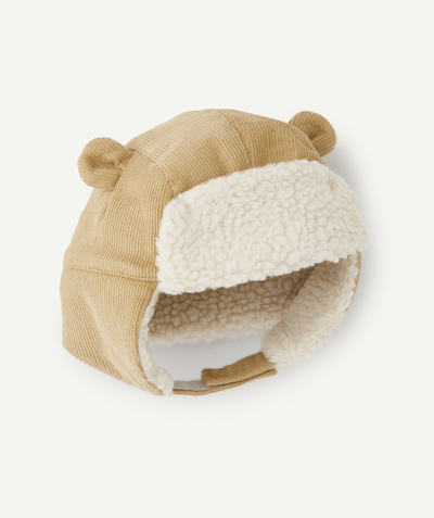 Hats - Caps Nouvelle Arbo   C - BABY BOYS' CHAPKA IN BEIGE CORDUROY AND SHERPA WITH EARS