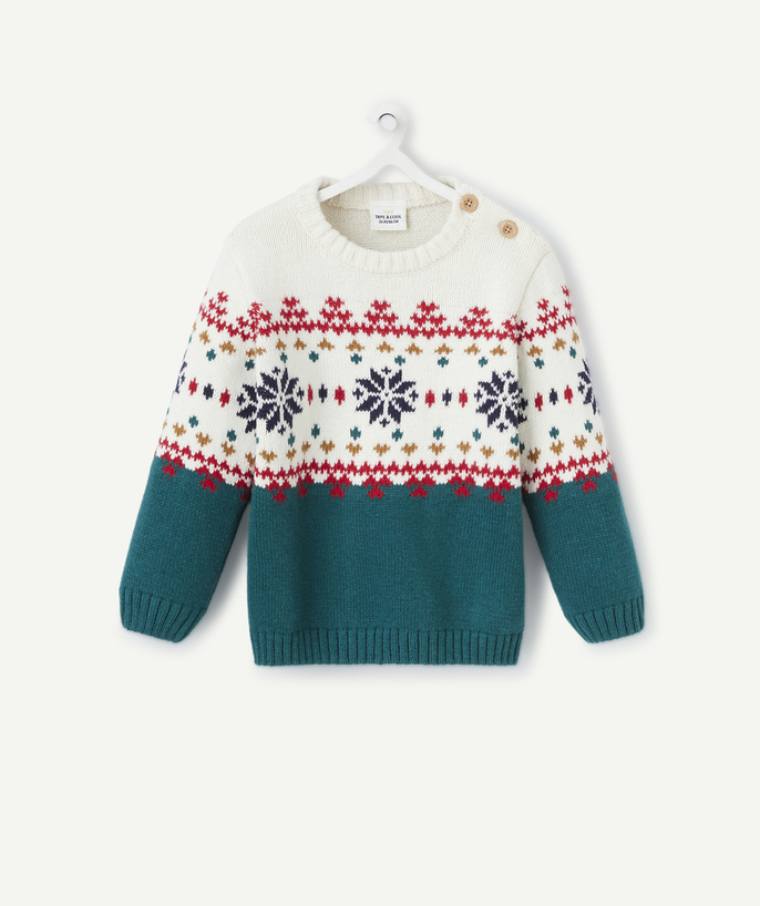 Party outfits Tao Categories - GREEN AND ECRU BABY BOY CHRISTMAS SWEATER WITH COLORFUL DETAILS