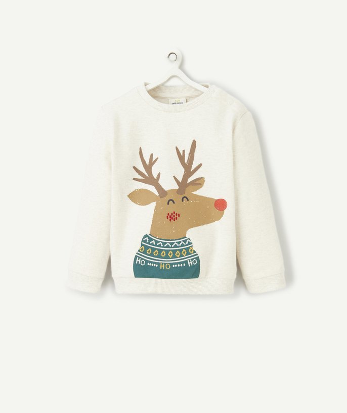 Party outfits Tao Categories - LONG-SLEEVED CHRISTMAS T-SHIRT BABY BOY ECRU AND REINDEER