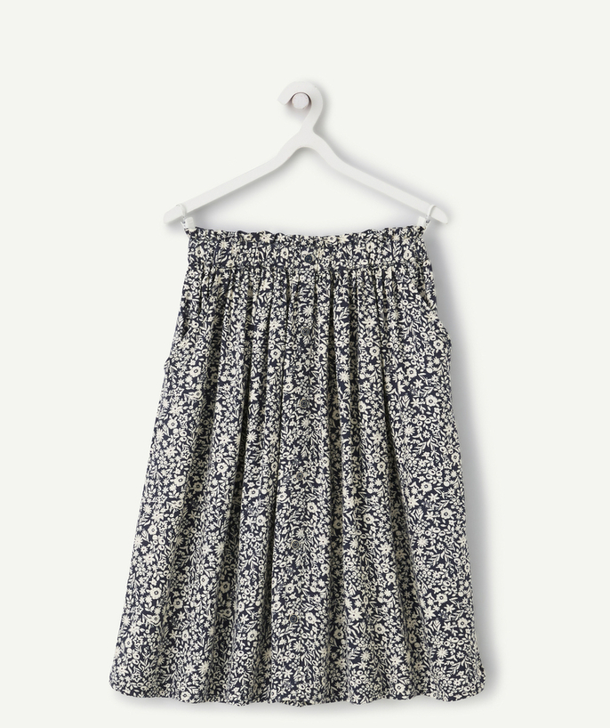 Outlet Tao Categories - GIRLS' CREAM AND NAVY BLUE FLORAL PRINT LONG SKIRT IN ECO-FRIENDLY VISCOSE