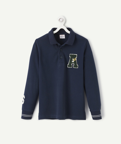 Shirt - Polo Nouvelle Arbo   C - BOYS' NAVY BLUE ORGANIC COTTON POLO SHIRT WITH A BOUCLE LETTER PATCH
