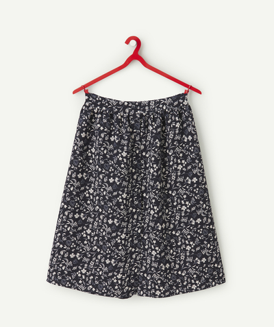 Outlet Tao Categories - GIRLS' NAVY BLUE AND WHITE FLORAL PRINT BUTTONED SKIRT IN RECYCLED FIBRES