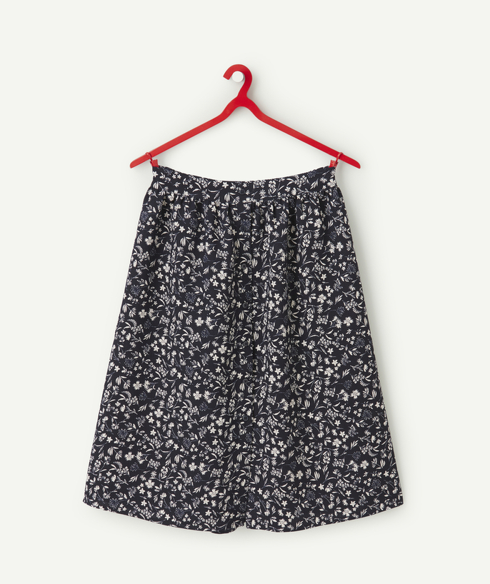 Shorts - Skirt Tao Categories - GIRLS' NAVY BLUE AND WHITE FLORAL PRINT BUTTONED SKIRT IN RECYCLED FIBRES