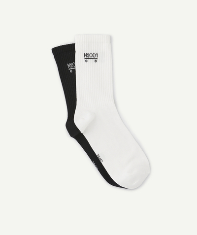 Teen boy Nouvelle Arbo   C - PACK OF 2 PAIRS OF BOYS' BLACK AND WHITE LONG SOCKS WITH MOTIFS IN ORGANIC COTTON
