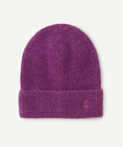 Accessories Nouvelle Arbo   C - GIRLS' PURPLE HAT KNITTED IN RECYCLED FIBRES WITH AN EMBROIDERED MOTIF